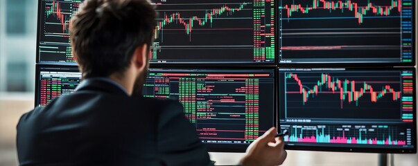 Businessperson analyzing stock market trends on multiple screens, focused on making smart investment decisions