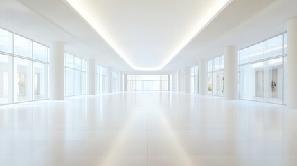A large, empty, white room with a long hallway