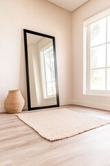Fototapeta premium A minimalist room featuring a large mirror and woven basket beside a soft area rug on wooden flooring during daylight