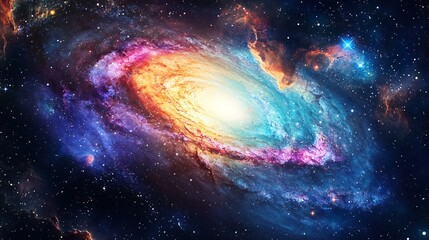 Fototapeta premium A vibrant, swirling galaxy with bright, colorful nebulae and a star field.