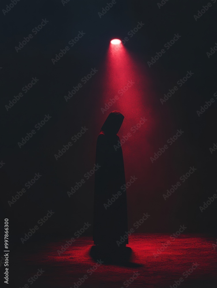Fototapete In a darkened space, a mysterious figure is illuminated by a single red spotlight, creating an intense and suspenseful feeling. Generative AI