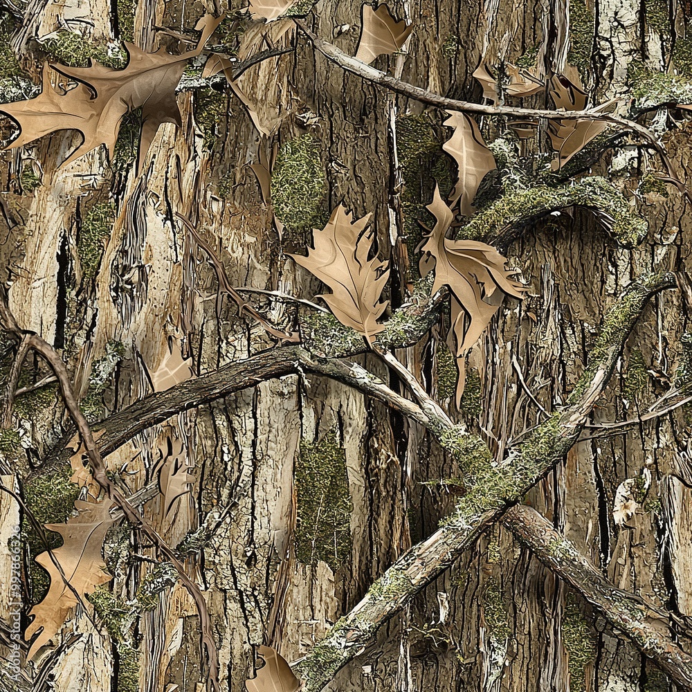 Sticker Mossy Oak Tree Bark Camo Hunting Texture, Seamless Pattern