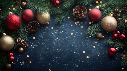 Naklejka premium Elegant Christmas background featuring red and gold ornaments with pine branches