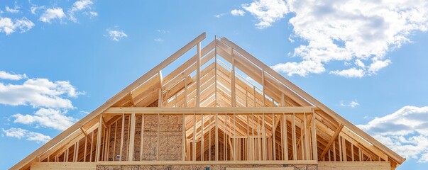 View of the blue sky and gabled roof of a stick-built house under construction. Brand-new roof with a post-and-beam, timber truss structure. A house with a timber frame.