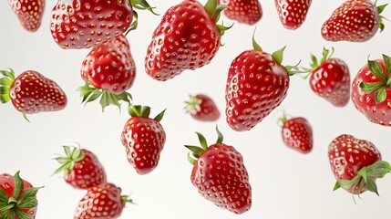 Vibrant and fresh strawberries soaring gracefully against a pristine white background, showcasing exquisite details and masterful color enhancement. 