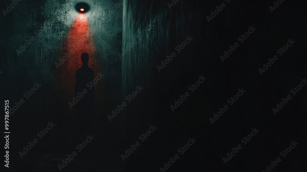 Poster a solitary figure lurks in a darkened room, cast in shadows with a single red spotlight creating a t