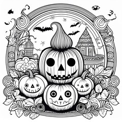 halloween coloring page for kids , pumpkins and bats