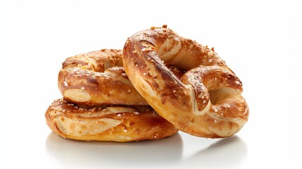 Freshly baked soft pretzels displayed against a clean white background, captured in a highly detailed and ultra-realistic style, highlighting their golden-brown texture and twisted design.