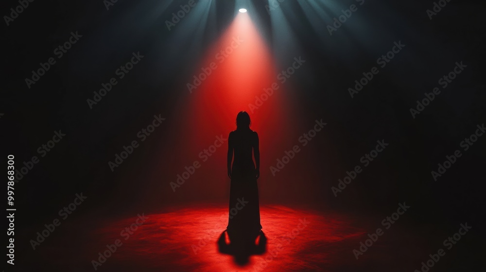 Poster in a dimly lit room, a shadowy figure is highlighted by a solitary spotlight, creating an intense an