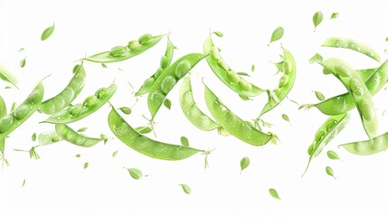 Ultra-realistic close-up of snap pea pods in mid-air, floating against a clean white background. 