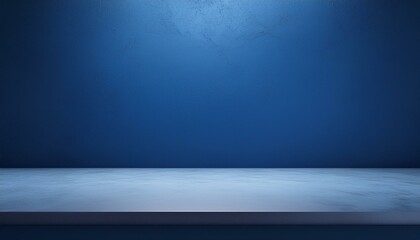 Studio with podium for product presentation. Empty floor and blue wall with stand. 3D room with gradient background. Countertop with concrete or marble texture. studio presentation a product. 