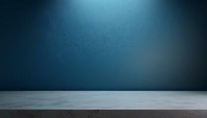Studio with podium for product presentation. Empty floor and blue wall with stand. 3D room with gradient background. Countertop with concrete or marble texture. studio presentation a product. 