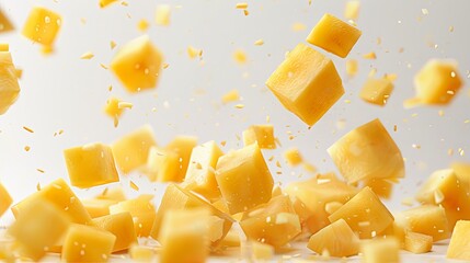 Rutabaga chunks flying through the air against a pristine white background, showcasing high-definition details and professional color grading in an ultra-realistic style