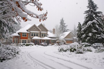 Home With Snow. Rare Winter Storm in Northwest US, Residential House Covered with Snow
