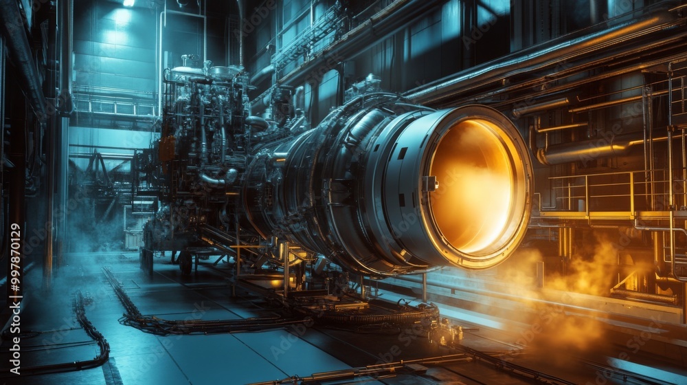 Poster a jet engine sits prominently in a high-tech workshop, surrounded by complex machinery