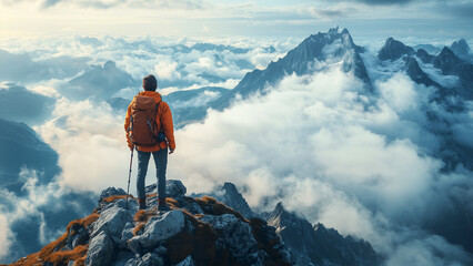 A solitary hiker surveys the clouds from a mountain summit