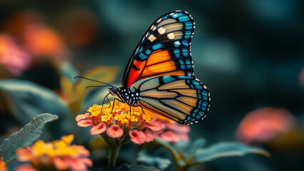 Obraz premium A vibrant butterfly rests on a flower in bloom