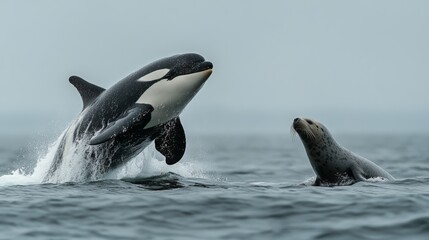 Obraz premium Orca Leaping Towards Seal in the Ocean
