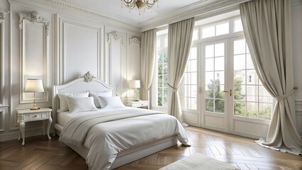 Fototapeta premium Extreme close-up of white French style bedroom with white linen curtains by window