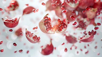 标题：Hyper-realistic pomegranate seeds in mid-air, suspended against a clean white background. Sharp, detailed, vibrant red seeds, perfectly isolated, capturing dynamic motion and clarity. 