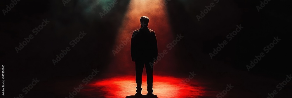 Aufkleber In a dimly lit space, a lone figure casts a long shadow, surrounded by deep red hues, creating an intense sense of foreboding. Generative AI