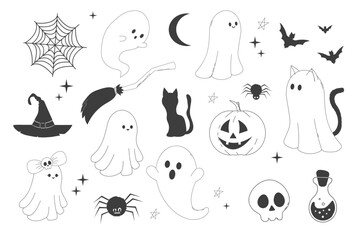 Set Halloween ghost with witch hat, skull, cute doodle characters and elements cute spooky decoration, line. Bat, stars, moon. Animal with black tail. 