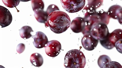 Ultra-realistic depiction of plums scattered in mid-air against a white background, showcasing vibrant, skillfully graded colors with high definition precision