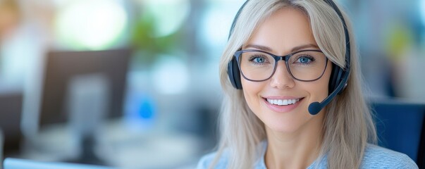 Mature, busy business woman working as a customer service representative in a contact center, smiling and wearing a headset while using a laptop computer in her office.