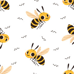 Seamless vector pattern on white background. Cute wasp and bee. Hare lion cub koala bear fox mouse. Prints in children's style . Vector illustration