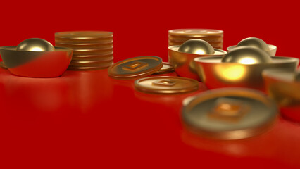 Chinese gold and coins on red Background 3d rendering.