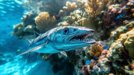 Fototapeta premium Barracuda Fish with Sharp Teeth in a Coral Reef
