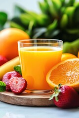 Side view of a glass of juice surrounded by colorful fruits on a wooden board