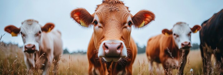 Closeup of brown cows in grazing land