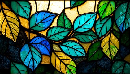 Vibrant Stained Glass Mosaic with Abstract Leaf Shapes and Textured Finish