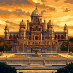 Fototapeta premium Captivating Pixel Art Depiction of a Regal Renaissance Palace Under a Golden Sunset Sky