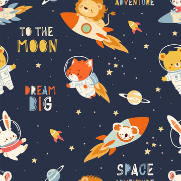 Seamless vector pattern on dark background with space theme. Cute animals flying in space on a rocket. Hare lion cub koala bear fox mouse. Prints in children's style . Vector illustration