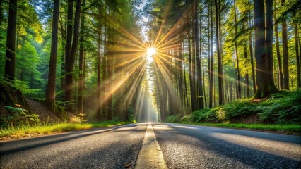 Extreme close-up road forest morning sunbeams tree foliage