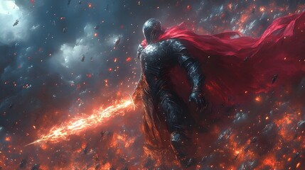 Powerful Anime Warrior in Metallic Armor with Flowing Red Cape and Glowing Rune-Covered Sword