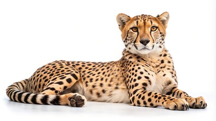 Extreme close-up shot of cheetah lying down isolated on white background