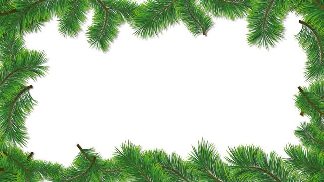 Christmas border with realistic pine branches making a rectangular frame on a white background. Animated illustration