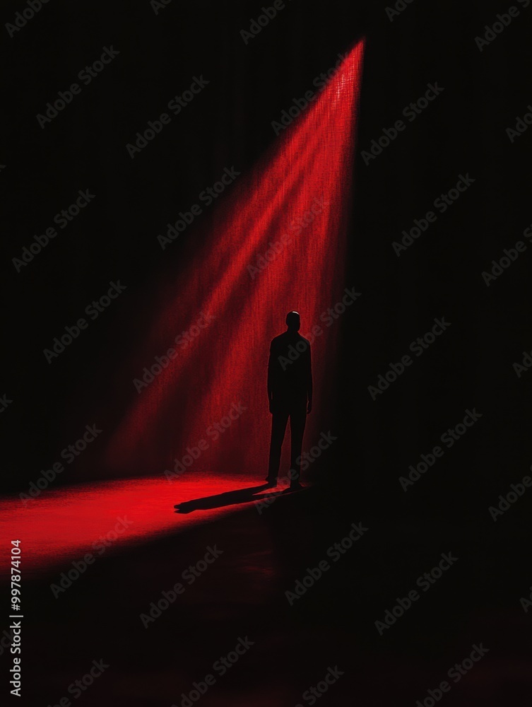 Leinwandbilder a lone figure is highlighted by a strong red spotlight in an otherwise dark room, creating an atmosp