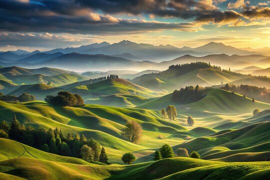 Extreme close-up shot of rolling hills and mountains resembling the world of Zelda