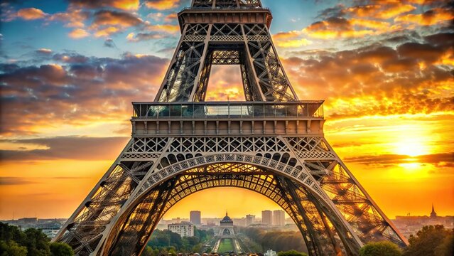 Extreme close-up shot of the Eiffel Tower at sunset in Paris