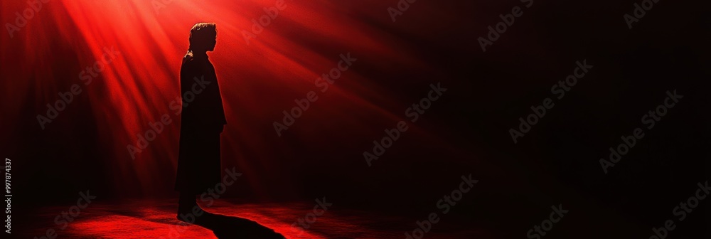 Poster A mysterious figure stands still in a dimly lit space, surrounded by deep red hues, creating an atmosphere filled with tension and anticipation. Generative AI