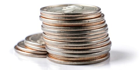 Extreme close-up stack of American quarters on white background