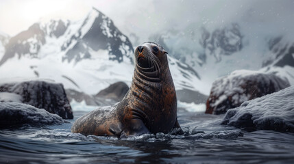 Fototapeta premium Seal Emerging from Icy Waters in a Snowy Mountain Landscape, Depicting Arctic Wildlife and Nature