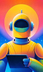 Astronaut artificial intelligence comprehend the laws of the universe, study the process of thinking. Flat cartoon grunge style illustration design.
