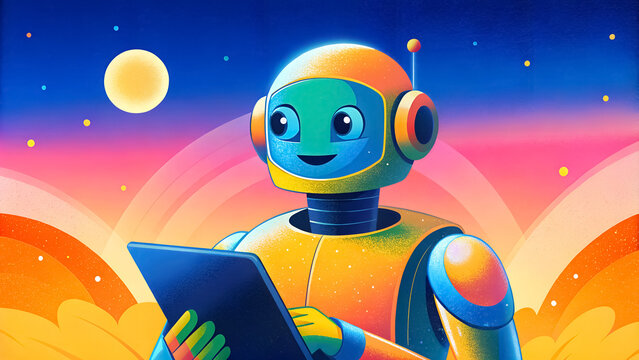 Young artificial intelligence learns to explore the laws of the universe. Flat cartoon grunge style illustration design.