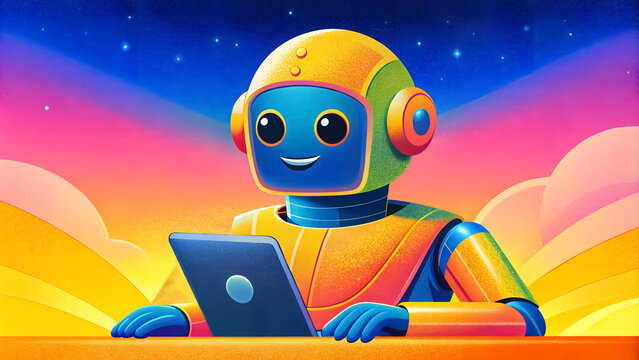 Young artificial intelligence learns to explore the laws of the universe. Flat cartoon grunge style illustration design.