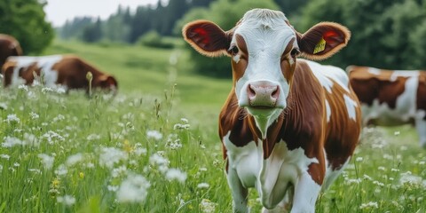 Closeup of brown cows in grazing land